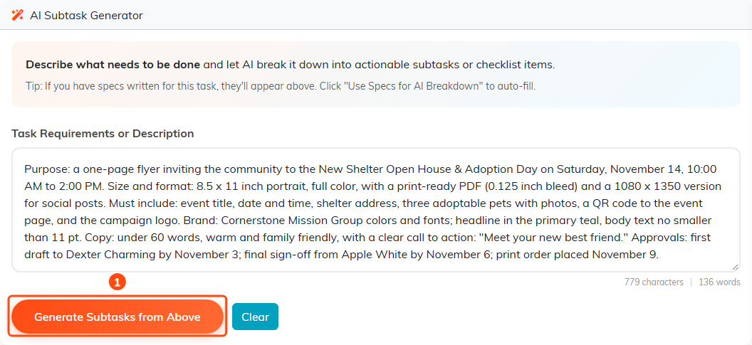 The AI Subtask Generator with the flyer specifications filled into Task Requirements or Description and the Generate Subtasks from Above button marked 1