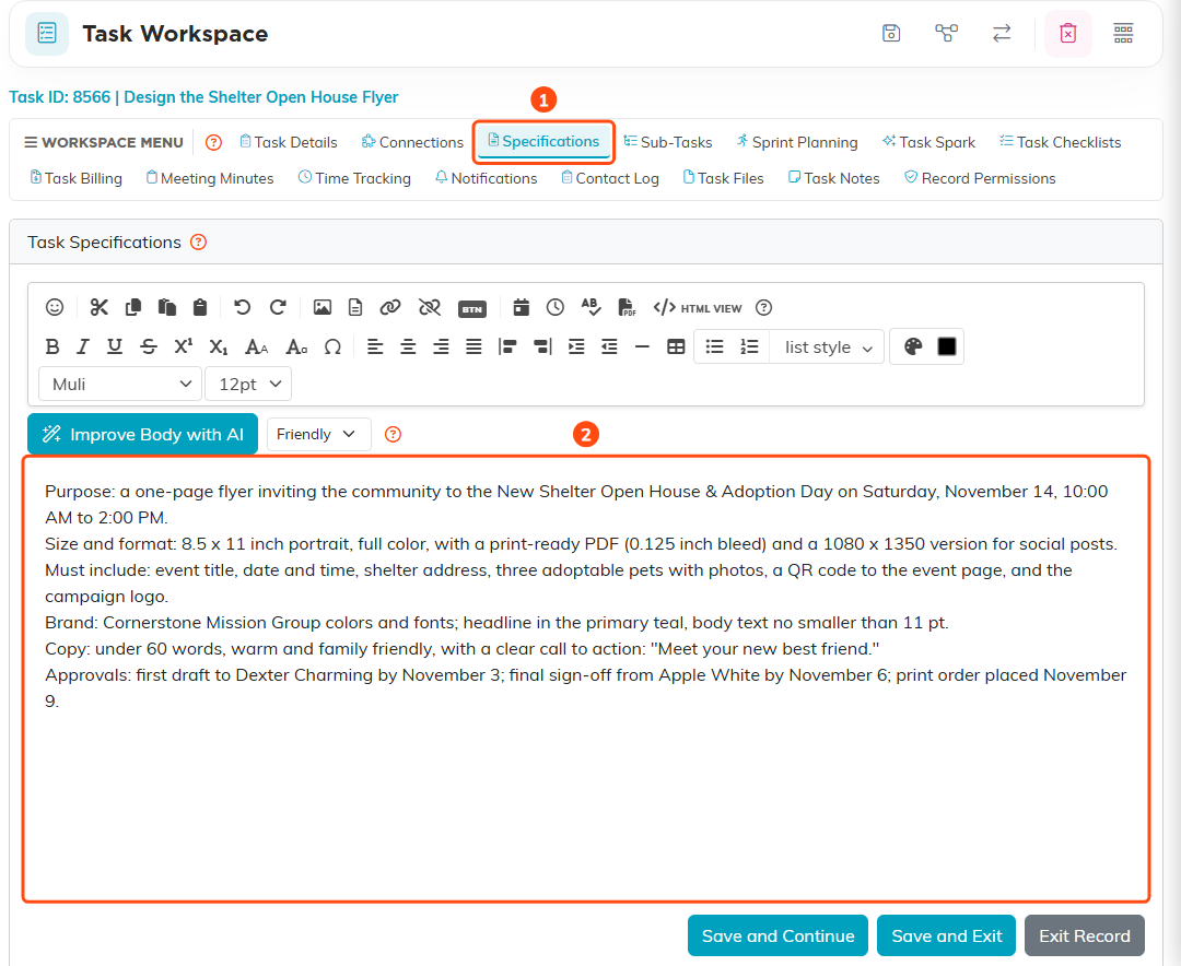 The Specifications page of the Design the Shelter Open House Flyer task, with Specifications marked 1 in the workspace menu and the flyer specifications marked 2 in the editor