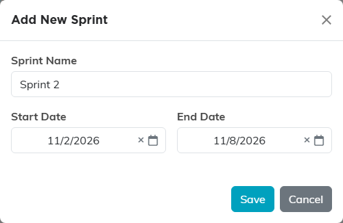 The Add New Sprint window with Sprint Name, Start Date, and End Date fields and Save and Cancel buttons