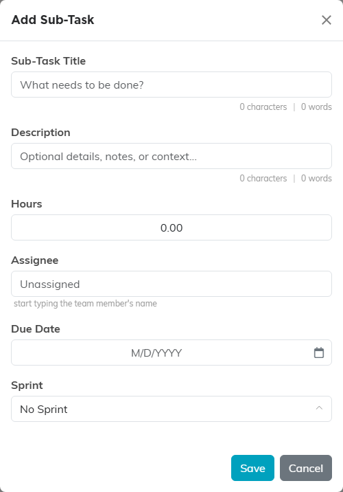 The Add Sub-Task window with Sub-Task Title, Description, Hours, Assignee, Due Date, and Sprint fields and Save and Cancel buttons