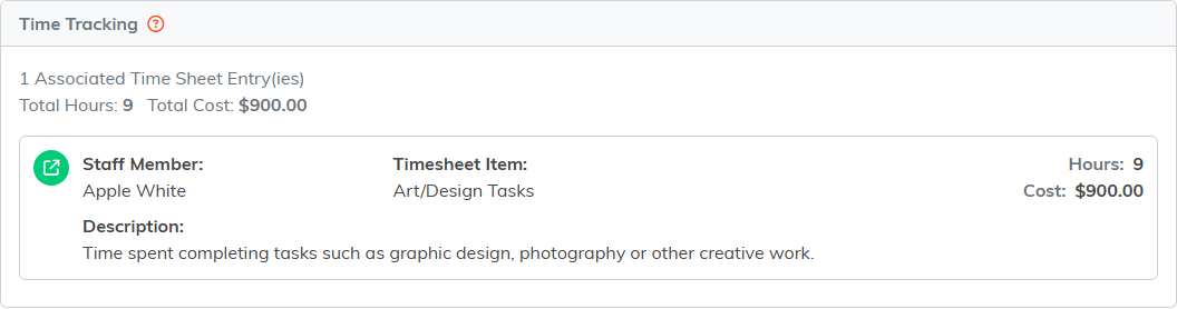 The Time Tracking page for the shelter flyer task showing 1 associated time sheet entry, 9 total hours, and a 900 dollar total cost, from Apple White under Art/Design Tasks