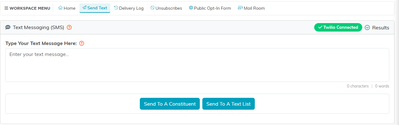 The Send Text Messages page with Send To A Text List