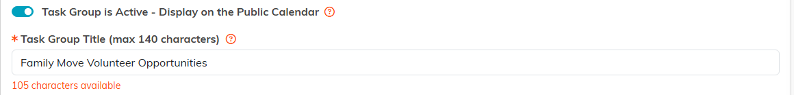 The public calendar toggle and the Task Group Title field