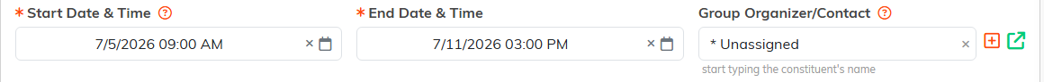 The Start Date and Time, End Date and Time, and Group Organizer fields