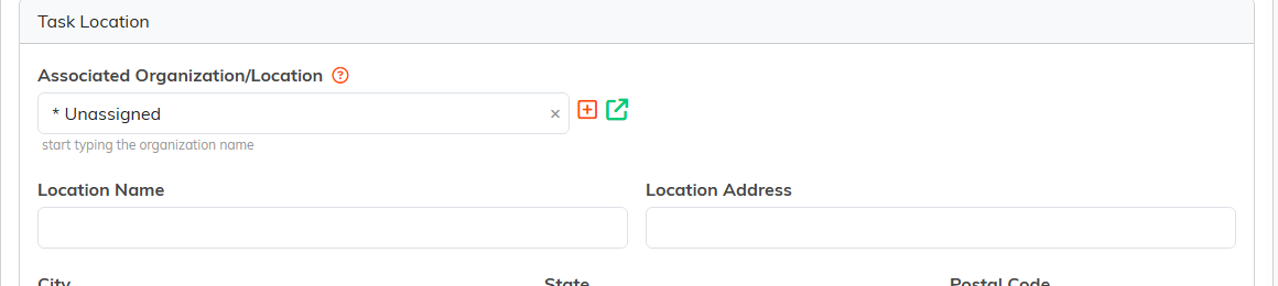 The Task Location section with the associated organization and address fields