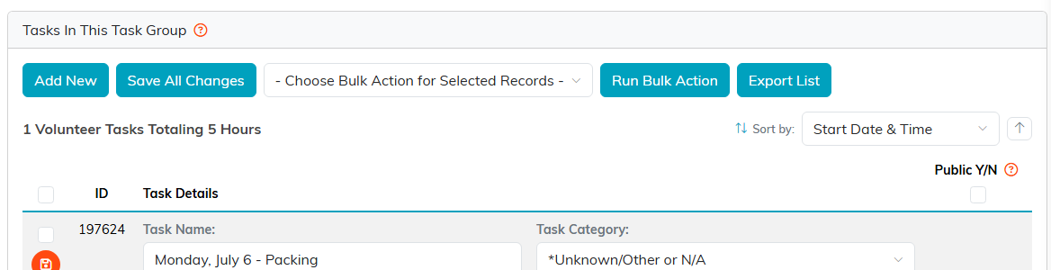 The Tasks In This Task Group page with its running hours total