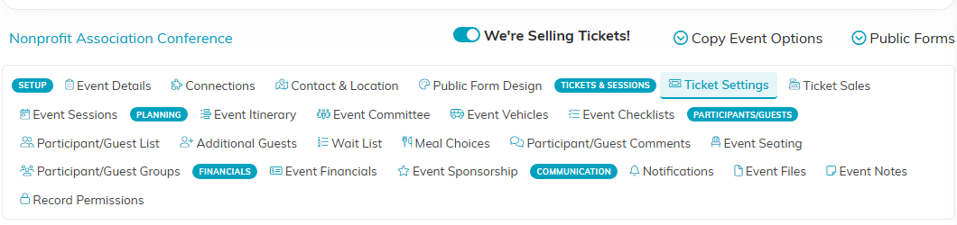The event workspace menu with the Tickets and Sessions group