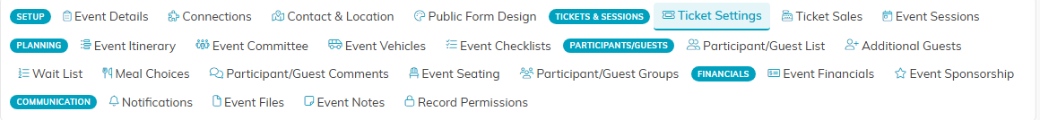 Event workspace menu grouped into Setup, Tickets and Sessions, Planning, Participants and Guests, Financials and Communication