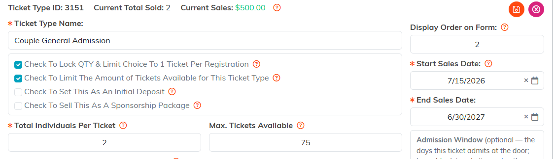 A ticket type on Ticket Settings showing Total Individuals Per Ticket and Max. Tickets Available