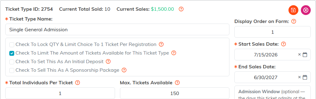 A ticket type showing its name, limit checkboxes, individuals per ticket and sales dates