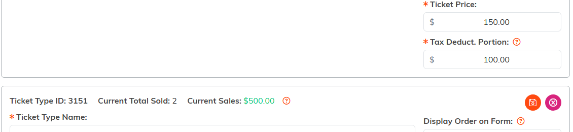 The ticket price and tax deductible portion fields on a ticket type