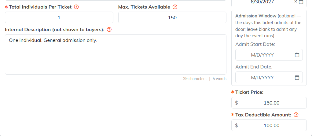 The Ticket Price and Tax Deductible Amount fields on a ticket type