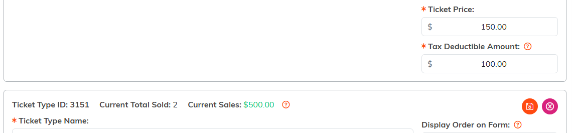 The Ticket Price and Tax Deductible Amount fields on a ticket type