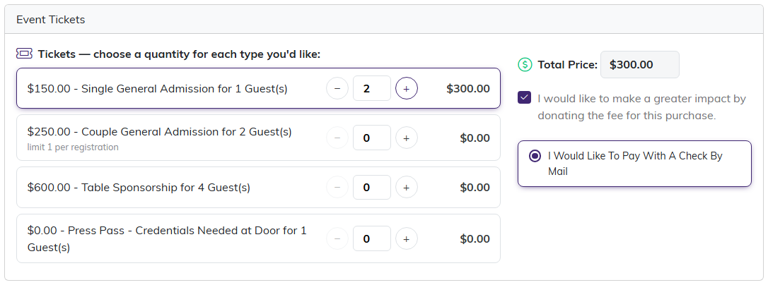 The public ticket form showing each ticket type with a quantity selector and a running total