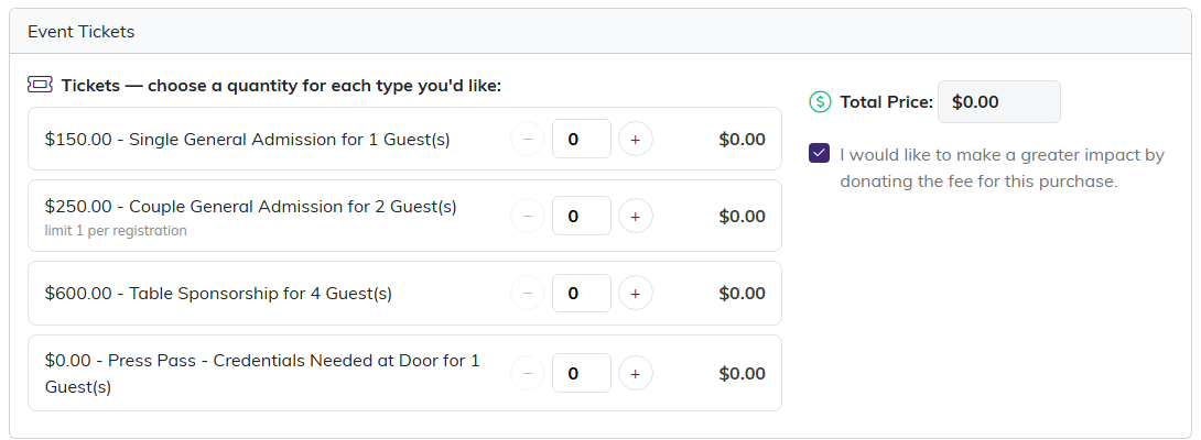 Public ticket form showing ticket types with a quantity picker and a running total price