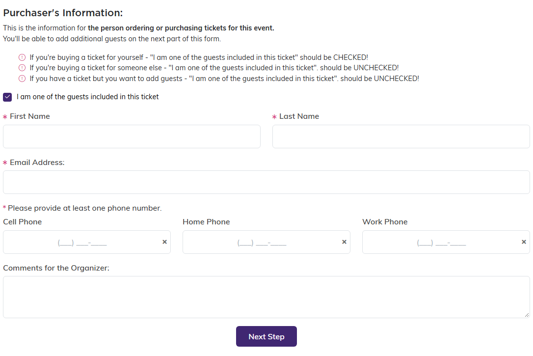 Purchaser's Information section of the public ticket form with the checkbox for being one of the guests included in the ticket