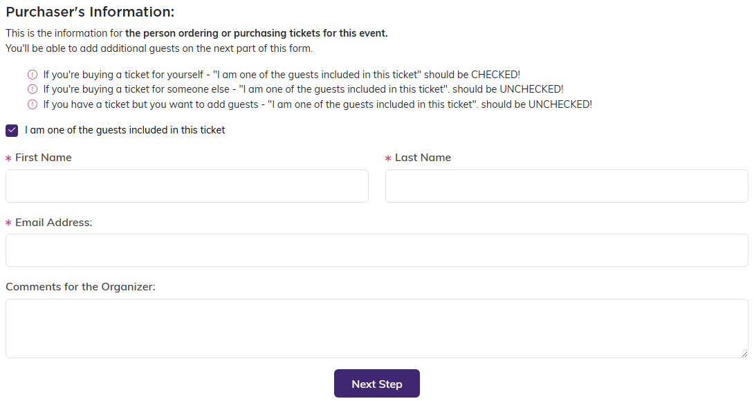 Purchaser's Information section of the public ticket form with the checkbox for being one of the guests included in the ticket