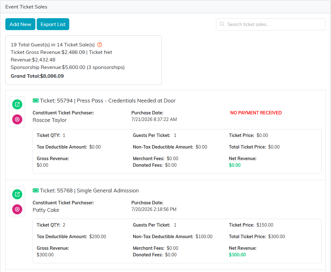 Event Ticket Sales page showing revenue totals and a ticket sale row