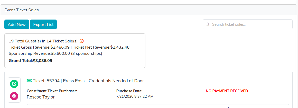 Event Ticket Sales page showing revenue totals and a ticket sale row with the green open icon