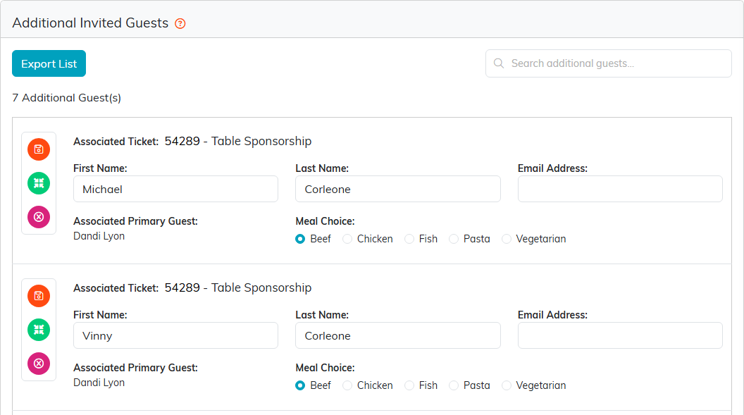 Additional Invited Guests page listing extra guests on a ticket with their meal choices