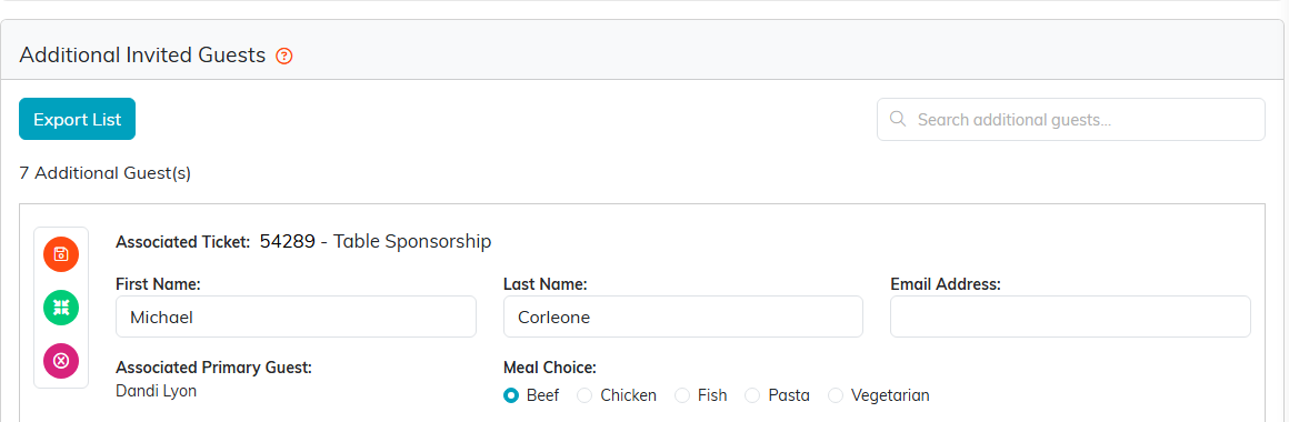 Additional Invited Guests page listing extra guests on a ticket with their meal choices