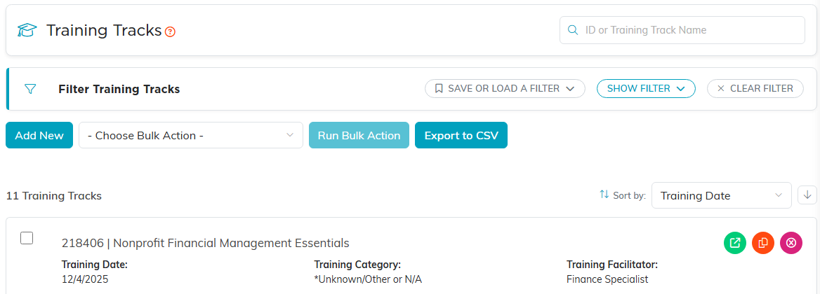 The Training Tracks list with the Add New button above one training track card