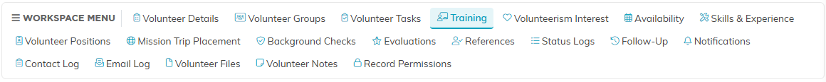 The volunteer workspace navigation with Training selected
