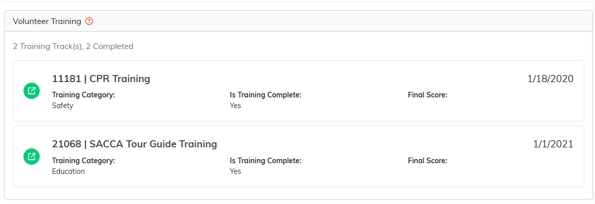 A volunteer's completed training tracks with category, completion and score
