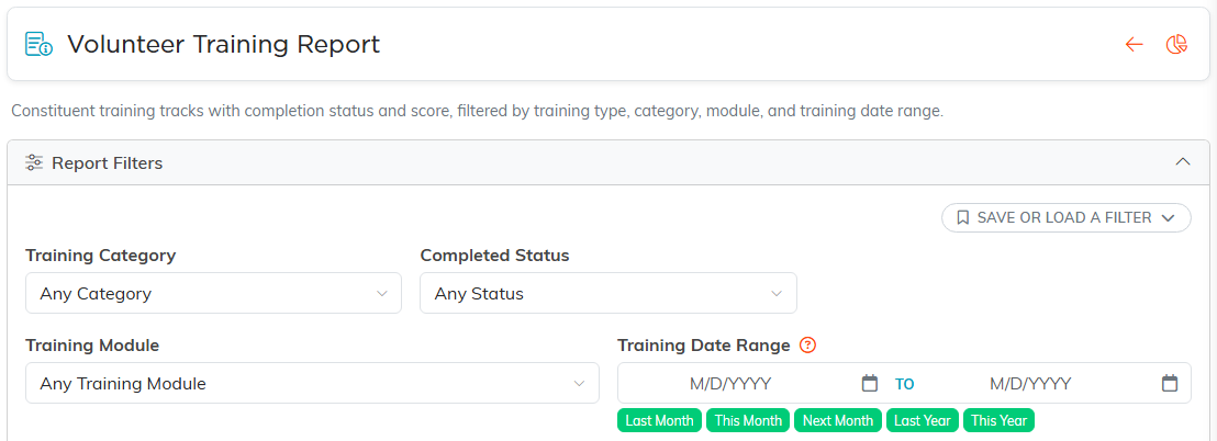The Volunteer Training Report with its Training Category, Completed Status, Training Module and Training Date Range filters