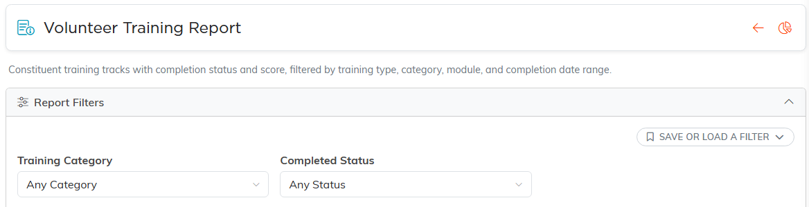 The Volunteer Training Report with its Training Category and Completed Status filters