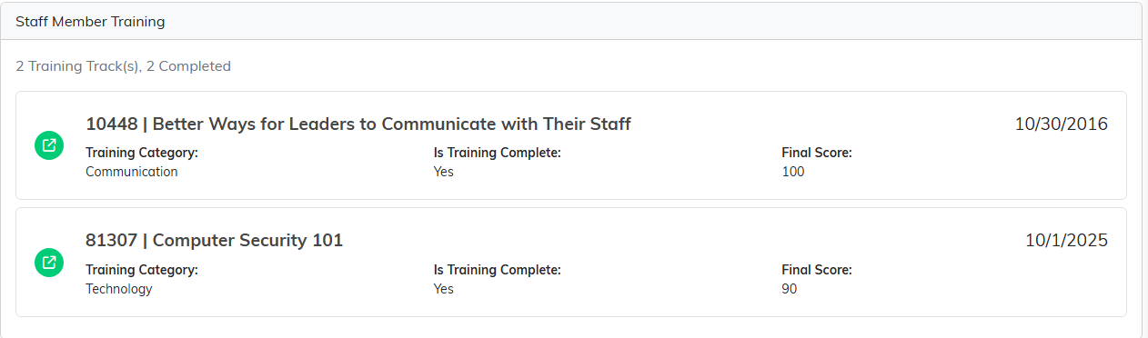 The Training page on a staff member's record listing two training tracks with category, completion and score