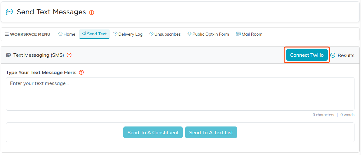 The Send Text Messages page with the Connect Twilio button outlined at the right of the Text Messaging (SMS) card
