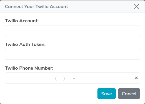 The Connect Your Twilio Account box with the Twilio Account, Twilio Auth Token and Twilio Phone Number fields and the Save and Cancel buttons