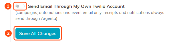 The Send Email Through My Own Twilio Account switch, numbered 1, and the Save All Changes button, numbered 2, on the Email Settings page
