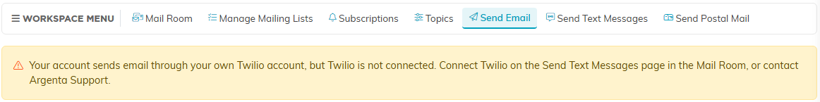 The Mail Room Send Email page with the same yellow warning across the top