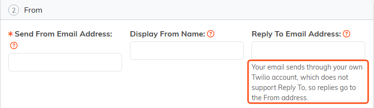 The From step of a new Mail Room campaign, with the note under Reply To Email Address outlined: your email sends through your own Twilio account, which does not support Reply To, so replies go to the From address