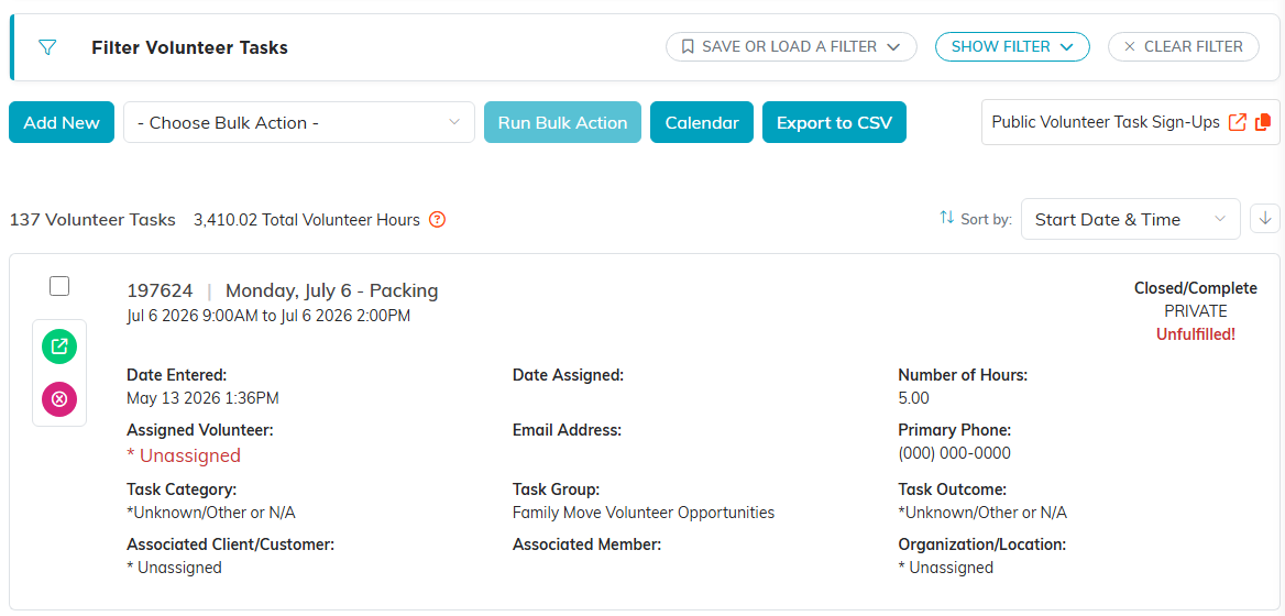 The filtered task list showing a task marked Unfulfilled in red