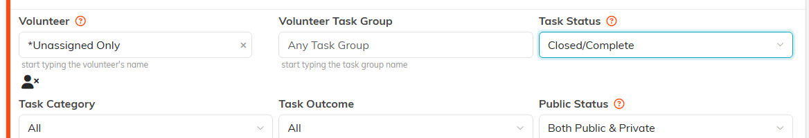 The task filter with Volunteer set to Unassigned Only and Task Status set to Closed slash Complete