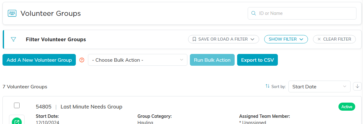 The Volunteer Groups list