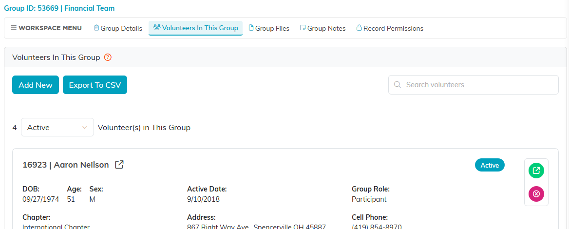The Volunteers In This Group tab listing the group's members