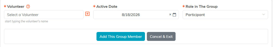 The Add A Volunteer To Group screen with Volunteer, Active Date and Role in The Group