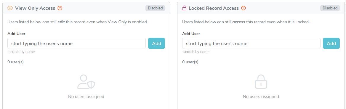 The View Only Access and Locked Record Access panels on the group