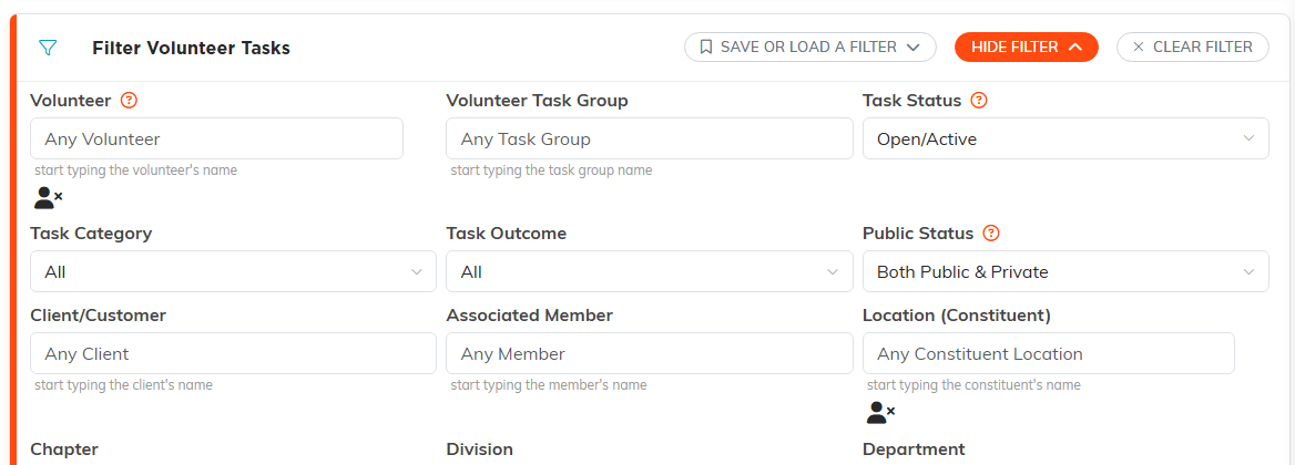 The Volunteer Tasks filter panel with the Volunteer field at the top left