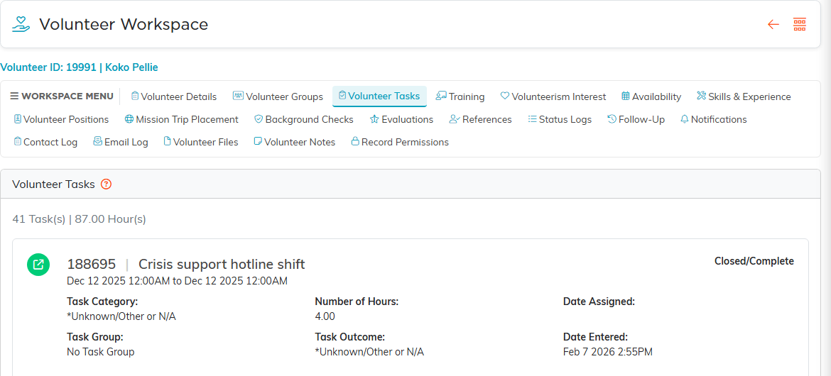 The Volunteer Tasks tab on a volunteer record, showing the task and hour totals above a task card with its category, hours, task group and outcome