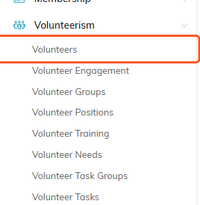 The Volunteerism menu expanded with Volunteers highlighted