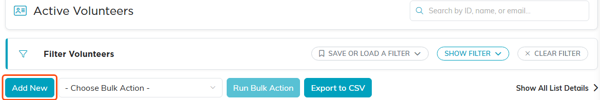 The volunteer list header with search, filter, Add New and Export to CSV