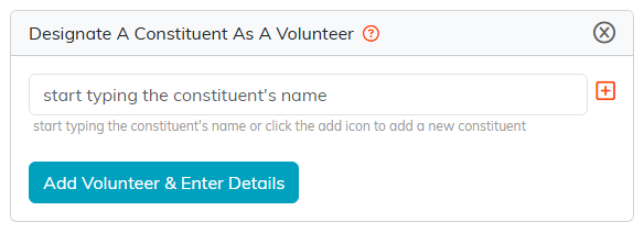 The Add A New Volunteer panel with the constituent search box