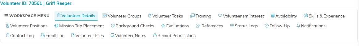 The Volunteer Workspace menu listing every section of the record