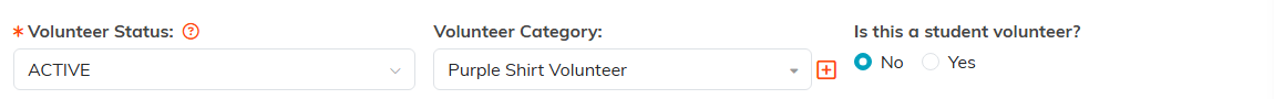 The volunteer status, category and student volunteer fields