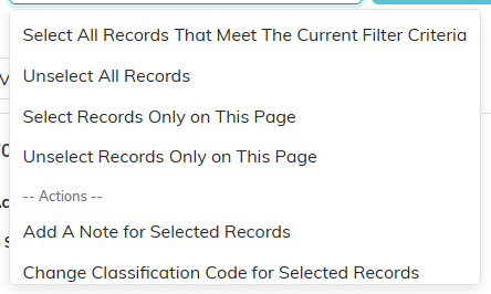 The bulk action dropdown open showing the selection helpers and actions